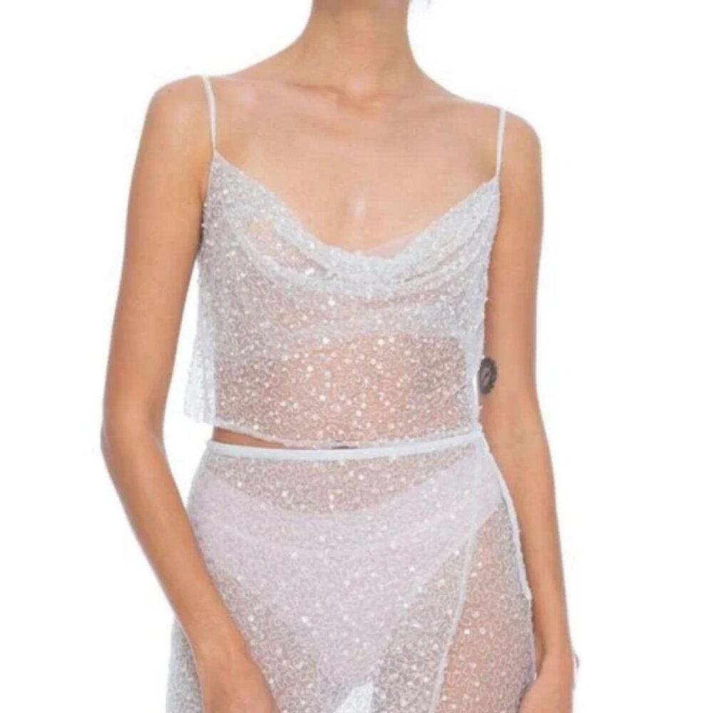 Dyspnea Miss Slinky Cami Top White Sheer Embellished Beaded Sequin Sheer Sexy